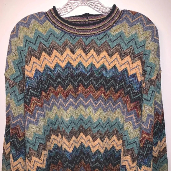 Vintage Cotton Linen Chevron Print Multicolour Crewneck L - Picture 9 of 12